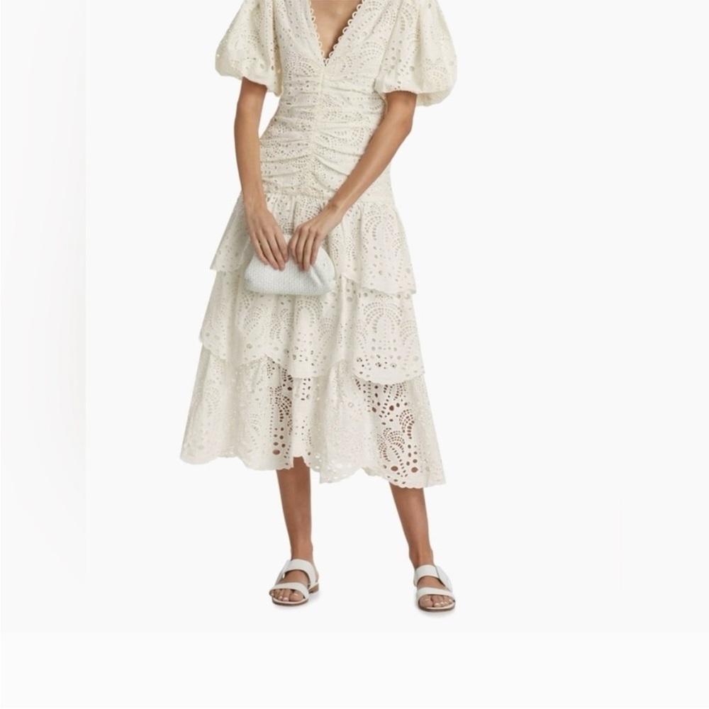 NWT Farm Rio Eyelet Cream Ruched Lace Midi Dress